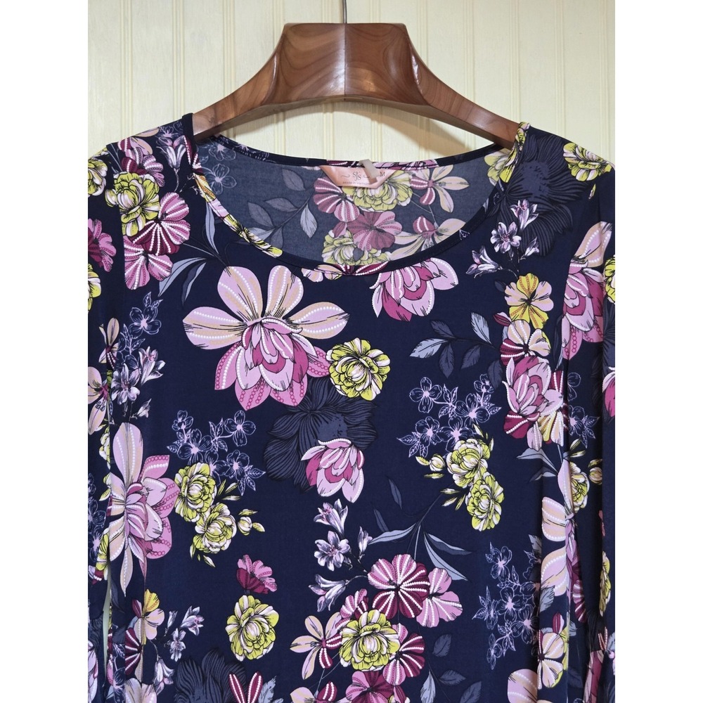 S/S Dress Womens Medium Navy Blue‎ Floral Ruffle Bell Sleeve 3/4 Tunic A-Line
